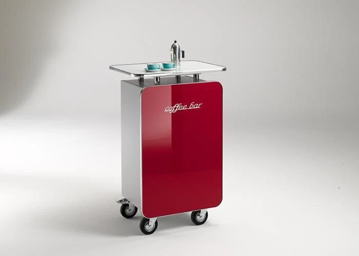 Office Bar auf Rollen, mobile Coffe Bar Hochglanz lackiert, Farbe Rot