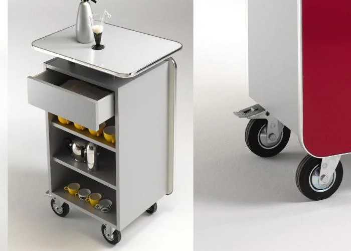 Office Bar auf Rollen, mobile Coffe Bar Hochglanz lackiert, Farbe Rot