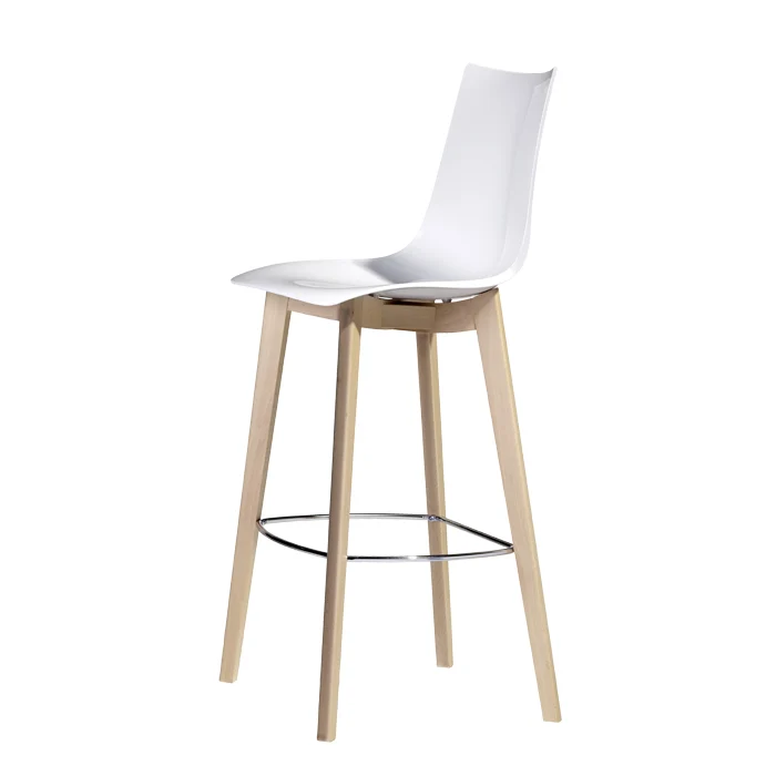 Barhocker mit einem Gestell aus Massivholz, mit Fußablage, Farbe weiß