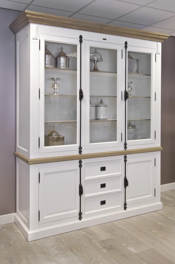 Vitrine weiß, Geschirrschrank, Wohnzimmerschrank im Landhausstil, Maße 240x205 cm
