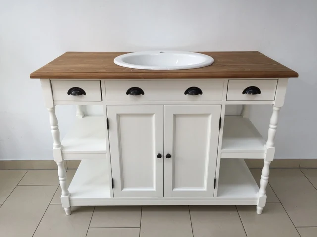 Waschtisch weiß Massivholz, Landhaus Waschtisch weiß mit drei Schubladen, Breite 128 cm