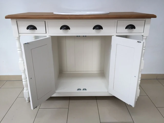Waschtisch weiß Massivholz, Landhaus Waschtisch weiß mit drei Schubladen, Breite 128 cm