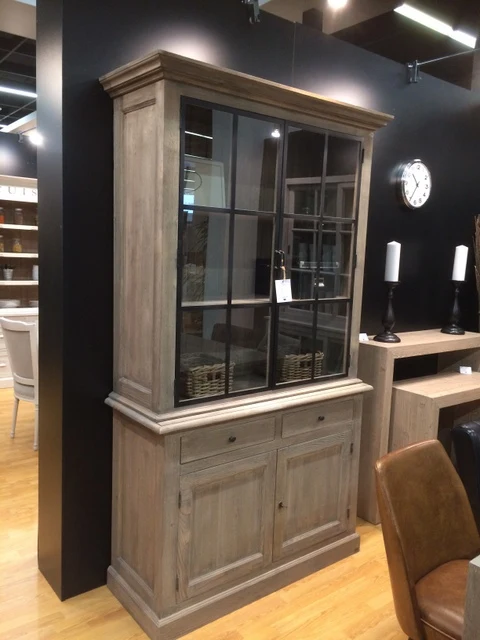 Vitrine Farbe Altholz, Geschirrschrank aus Massivholz, Küchenschrank Landhaus, Breite 130 cm