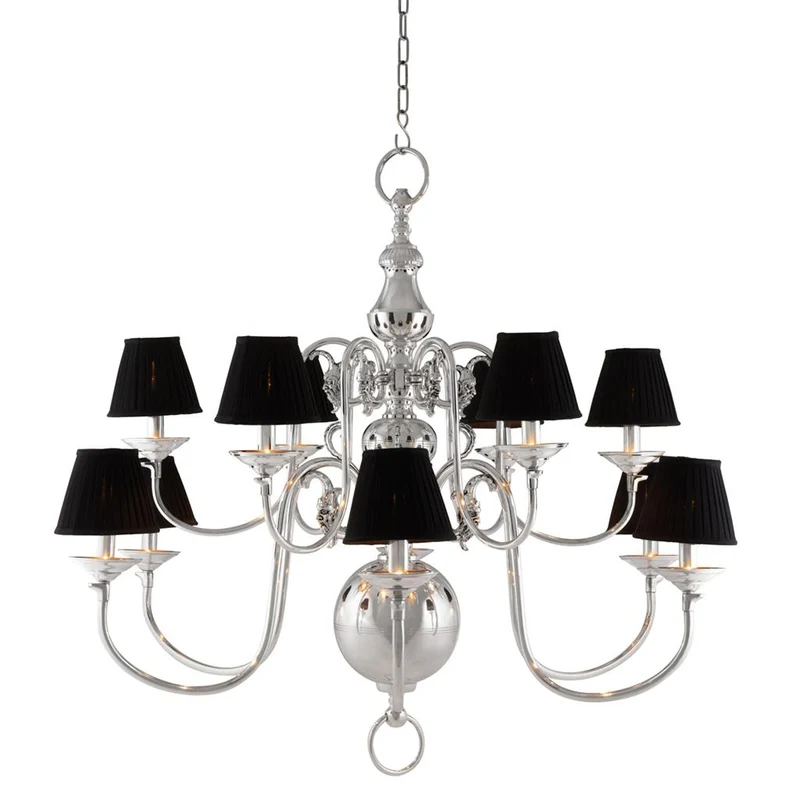 Kronleuchter verchromt 12 flammig mit weißen Lampenschirmen, Hängelüster silber, Kronleuchter mit Lampenschirmen, Durchmesser 115 cm
