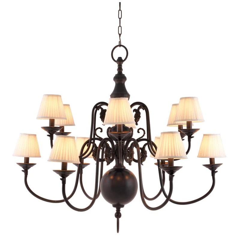 Kronleuchter 12 flammig mit Lampenschirmen, Hängelüster braun, Kronleuchter braun Lampenschirmen weiß, Durchmesser 115 cm