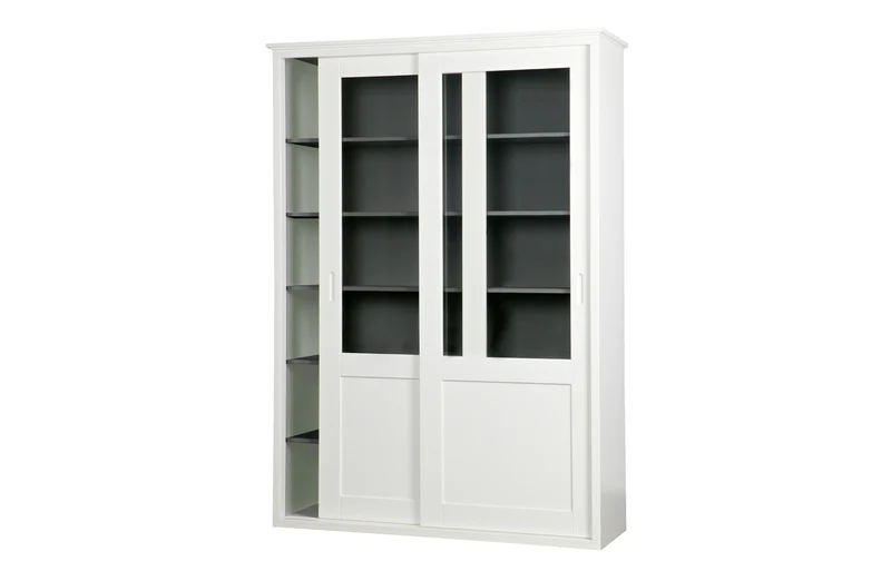 Vitrinenschrank weiß, Geschirrschrank weiß Landhaus, Vitrine weiß Schiebetüren, Buffet-Schrank weiß-grau, Breite 147 cm