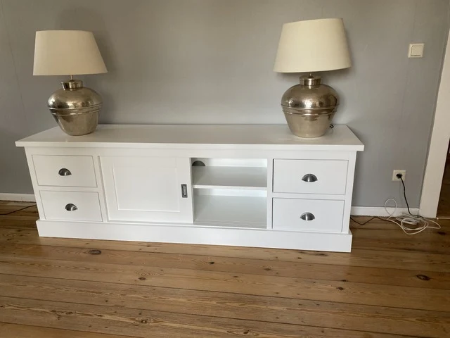 TV Schrank grau vier Schubladen Landhausstil , Lowboard grau mit Schiebetüren Landhaus, Breite 200 cm