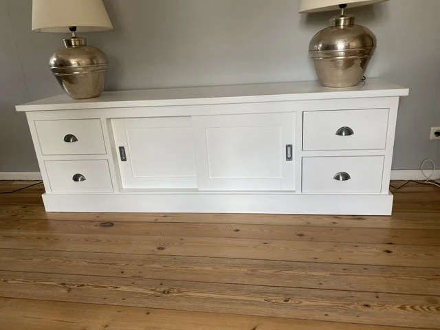 TV Schrank grau vier Schubladen Landhausstil , Lowboard grau mit Schiebetüren Landhaus, Breite 200 cm