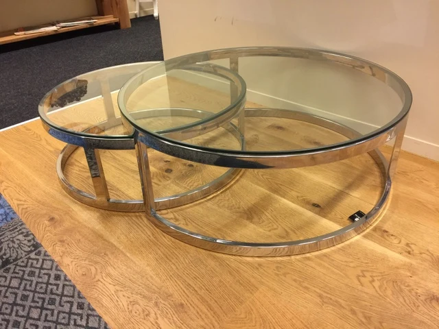 2er Set, Couchtisch rund silber Glas-Metall, Tisch rund verchromt Metall und Glas, Durchmesser 100 und 79 cm