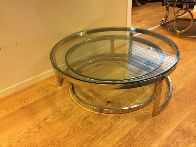 2er Set, Couchtisch rund silber Glas-Metall, Tisch rund verchromt Metall und Glas, Durchmesser 100 und 79 cm