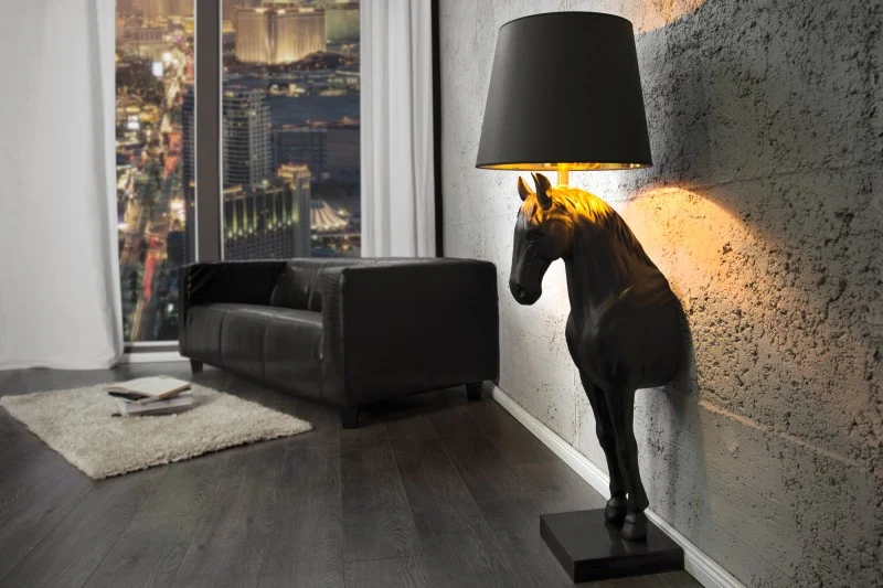 Stehleuchte schwarz Pferd, Stehlampe schwarz mit Lampenschirm