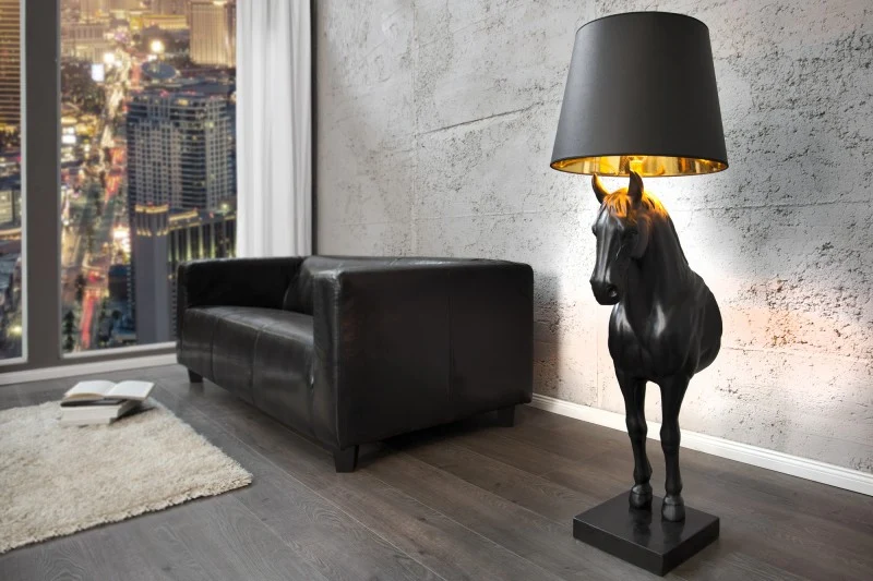 Stehleuchte schwarz Pferd, Stehlampe schwarz mit Lampenschirm