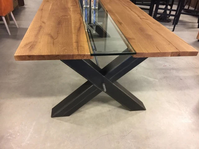 Esstisch Eiche Tischplatte, Tisch Glas-Massivholz Tischplatte Industriedesign, Tischgestell Metall, Maße 200 x 100 cm