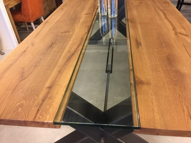 Esstisch Eiche Tischplatte, Tisch Glas-Massivholz Tischplatte Industriedesign, Tischgestell Metall, Maße 240 x 100 cm