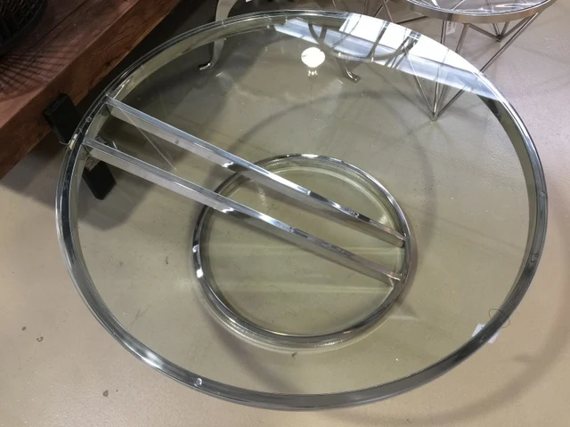 Couchtisch Silber Glas-Metall, Tisch verchromt aus Metall und Glas, Durchmesser 100 cm