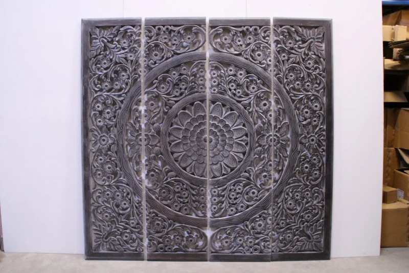 Wandpanel grau, Bild Ornament grau vintage, Wandbild Bild-Ornament, Triptychon geschnitzt, Maße 210 x 210 cm