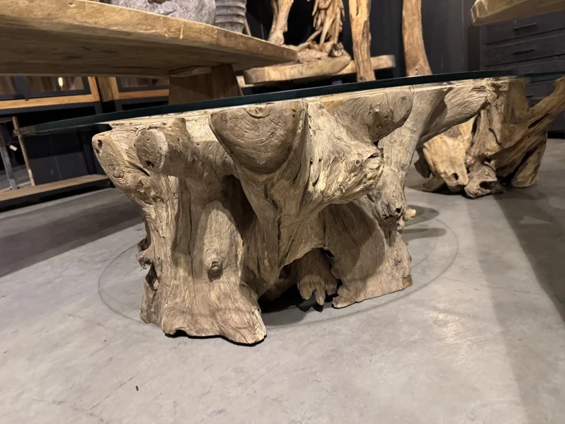 Couchtisch Wurzelholz, Tisch Massivholz und Glas, Durchmesser 80 cm
