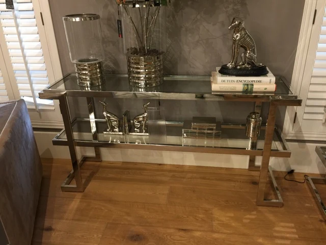 Sideboard verchromt Glas Metall, Wandtisch Metall Glasplatte, Konsole Silber Metal, Breite 150 cm