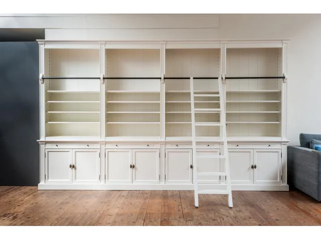 Bücherschrank weiß im Landhausstil , Bücherregal-Wand Massivholz in vier Farben, Breite 4 meter