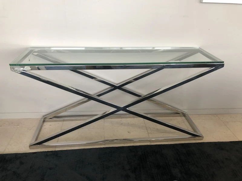Konsole verchromt Glas-Metall, Sideboard mit Glasplatte, Wandtisch verchromt Glas, Maße 150x40 cm