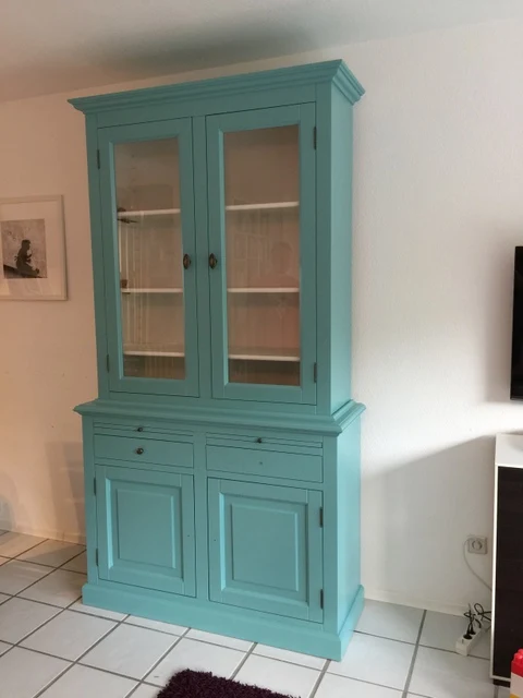 Vitrine türkis Landhaus, Geschirrschrank Landhaus, Vitrinenschrank Landhausstil, andere Farbe optional wählbar, Breite 126 cm
