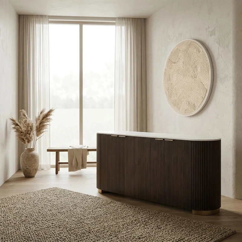 Sideboard Holz braun, Anrichte braun Marmorplatte weiß, Sideboard braun Marmor, Breite 180 cm
