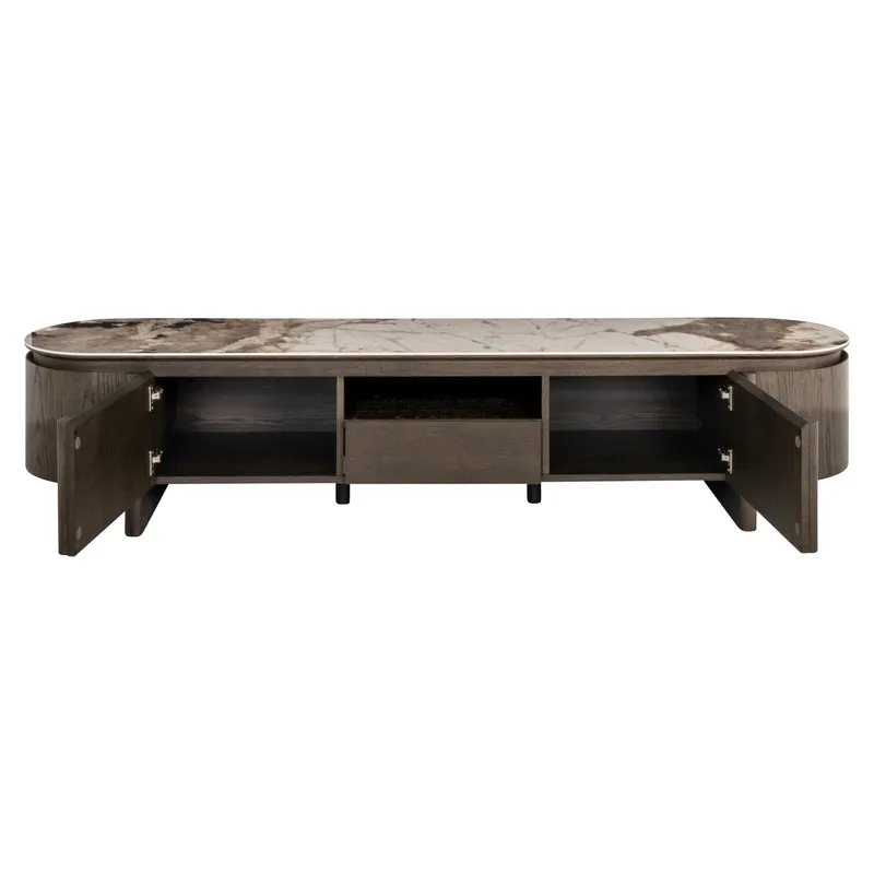 Fernsehschrank braun oval, TV Schrank Keramik braun, Lowboard braun, Breite 220 cm