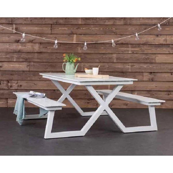 Gruppensitzbank weiß, Sitzgruppe Aluminium weiß, Picknick Sitzgruppe weiß, Gartentisch mit Bank weiß, Picknickbank weiß, Breite 180 cm