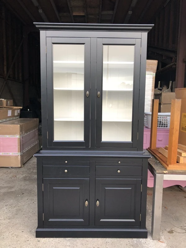 Vitrinenschrank schwarz, Geschirrschrank schwarzLandhausstil, Vitrine Landhaus schwarz, Breite 126 cm