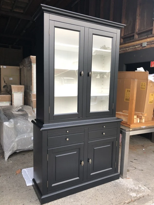 Vitrinenschrank schwarz, Geschirrschrank schwarzLandhausstil, Vitrine Landhaus schwarz, Breite 126 cm