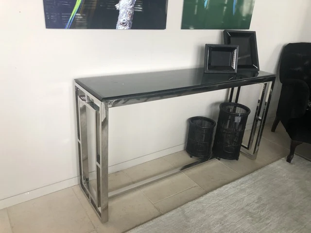 Konsole verchromt Glasplatte, Wandtisch Silber, Konsole Metall Glas, Sideboard Silber Glas, Breite 150 cm
