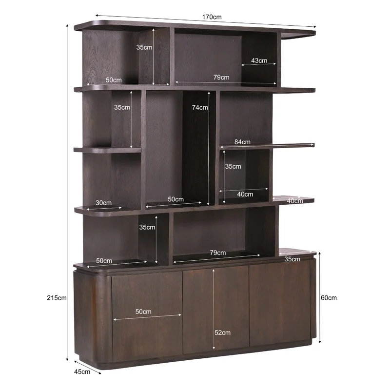 Bücherschrank braun, Regal braun, Wohnzimmerschrank braun Eiche furniert. Breite 170 cm