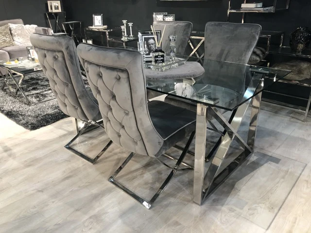 Esstisch Silber, Tisch Glasplatte verchromtes Gestell, Glastisch Silber, Breite 160 cm