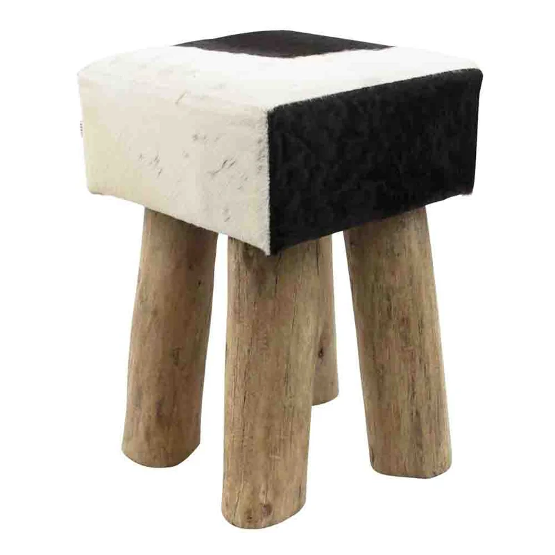 Hocker grau Kuhfell, Sitzhocker Holz Kuhfell