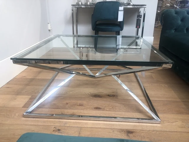 Couchtisch Silber Glas, Couchtisch Glas Metall, Maße 100X100 cm