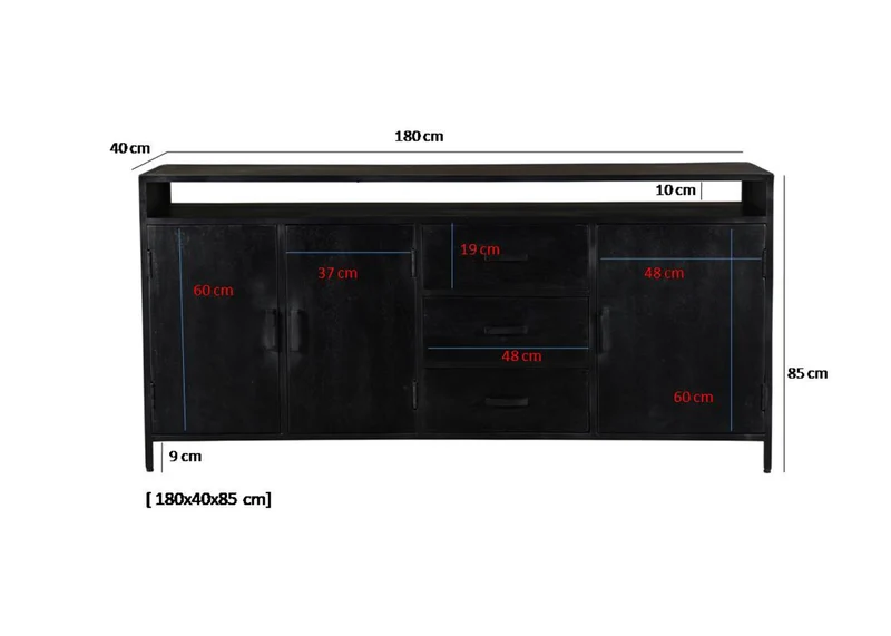 Sideboard schwarz, Anrichte schwarz, Schrank schwarz, Breite 180 cm