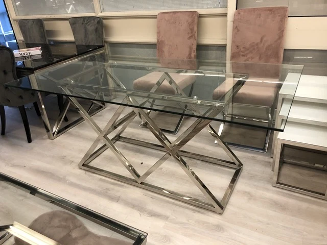 Glastisch Silber, Esstisch Glasplatte verchromtes Gestell, Tisch Glas verchromt, Breite 180 cm