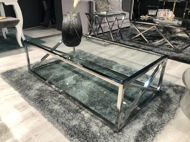 Couchtisch Silber, Glas Couchtisch verchromt, Maße 130 x 70 cm