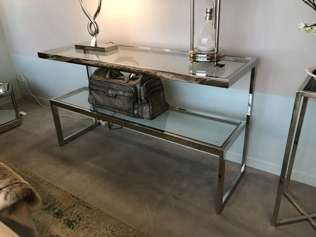 Glas-Konsole verchromt, Konsole Glas, Sideboard mit Glasplatte, Wandtisch verchromt Glas, Breite 140 cm
