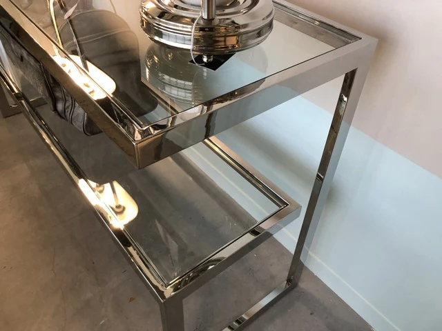 Glas-Konsole verchromt, Konsole Glas, Sideboard mit Glasplatte, Wandtisch verchromt Glas, Breite 140 cm