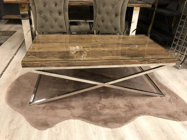 Couchtisch Altholz verchromt, Tisch Silber-Gestell, Breite 130 cm