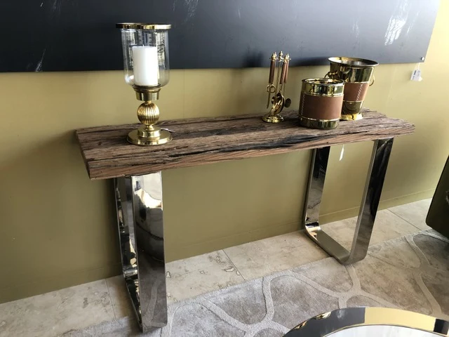 Konsole Altholz verchromt, Konsole Silber-Gestell, Wandtisch verchromt, Breite 140 cm