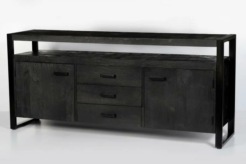Sideboard schwarz mit Schubladen, Anrichte schwarz Industriedesign, Breite 180 cm