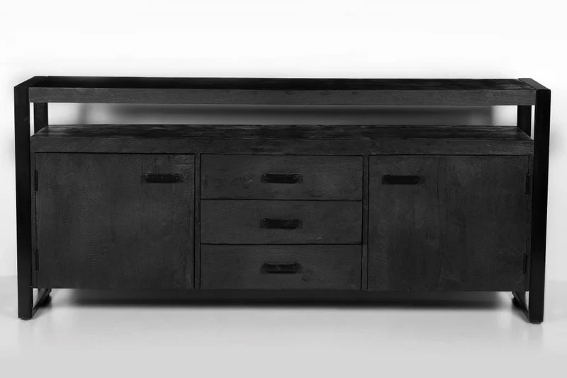 Sideboard schwarz mit Schubladen, Anrichte schwarz Industriedesign, Breite 180 cm