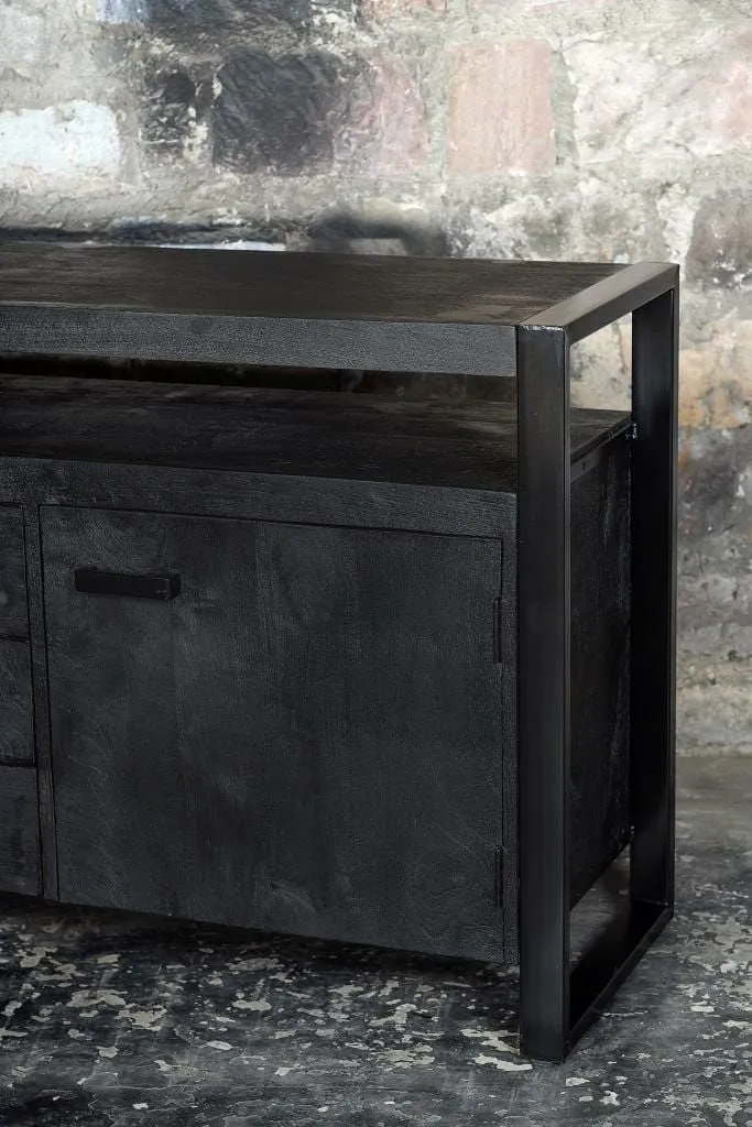 Sideboard schwarz mit Schubladen, Anrichte schwarz Industriedesign, Breite 180 cm