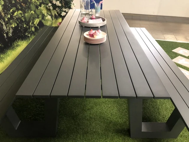 Gruppensitzbank anthrazit, Sitzgruppe Aluminium anthrazit, Picknick Sitzgruppe anthrazit, Gartentisch mit Bank anthrazit, Picknickbank anthrazit, Breite 220 cm