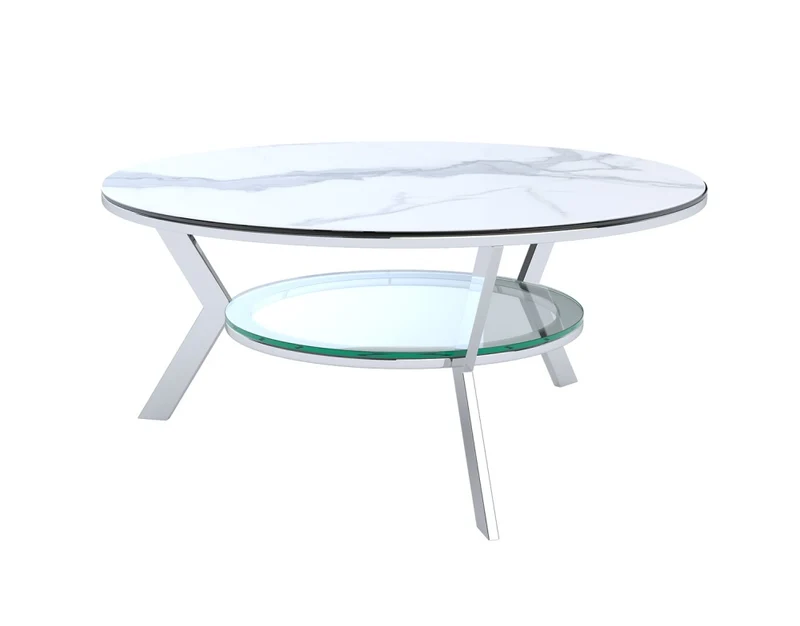 Couchtisch rund, runder Couchtisch Keramik-Glas Tischplatte, Durchmesser 90 cm