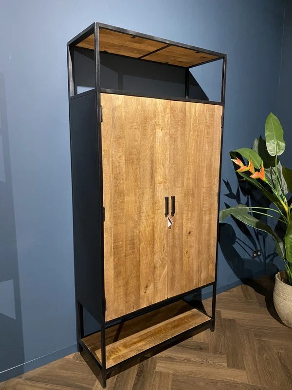 Schrank schwarz-braun Industriedesign, Bücherschrank Holz Metall, Aktenschrank Holz Industrie, Breite 100 cm