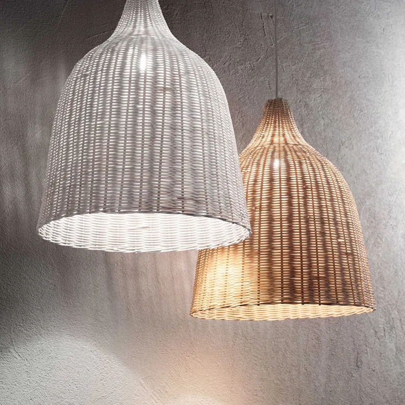Pendelleuchte weiß Rattan, Hängelampe Rattan weiß, Durchmesser 35 cm