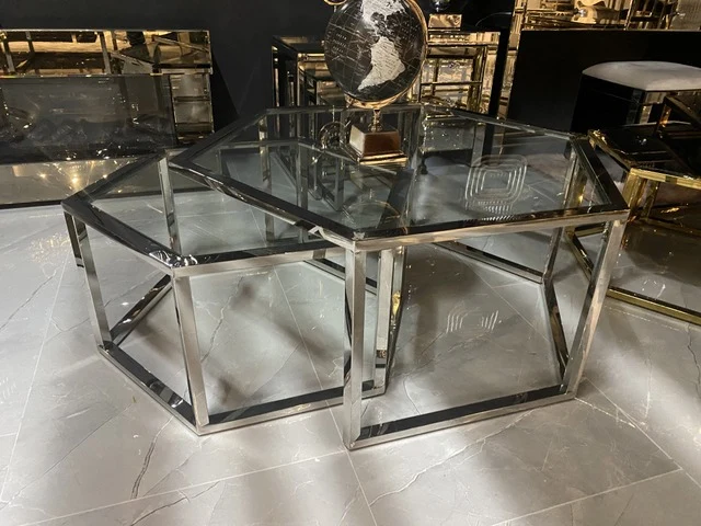Couchtisch Silber, Couchtisch verchromt, 2er Set Glas-Couchtisch, Durchmesser 90 cm